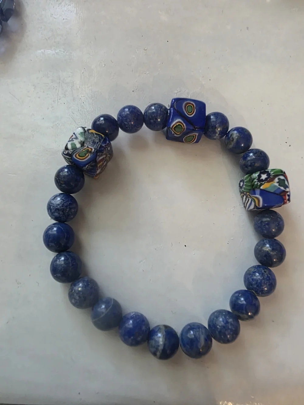 Handmade Lapis Lazuli and Millefiori Glass Stretch Bracelet